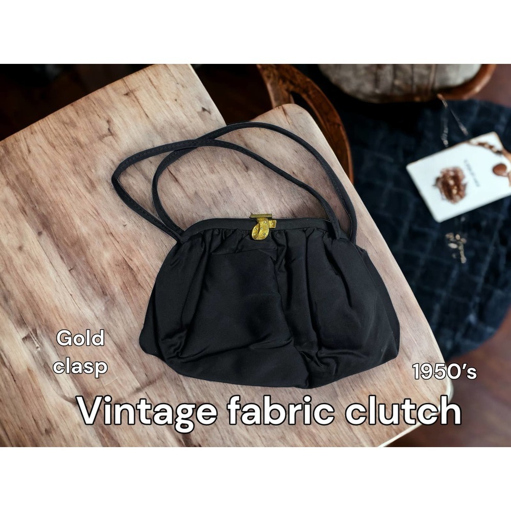 Vintage 1950s Black Fabric Top Handle Purse – Formal Evening Handbag